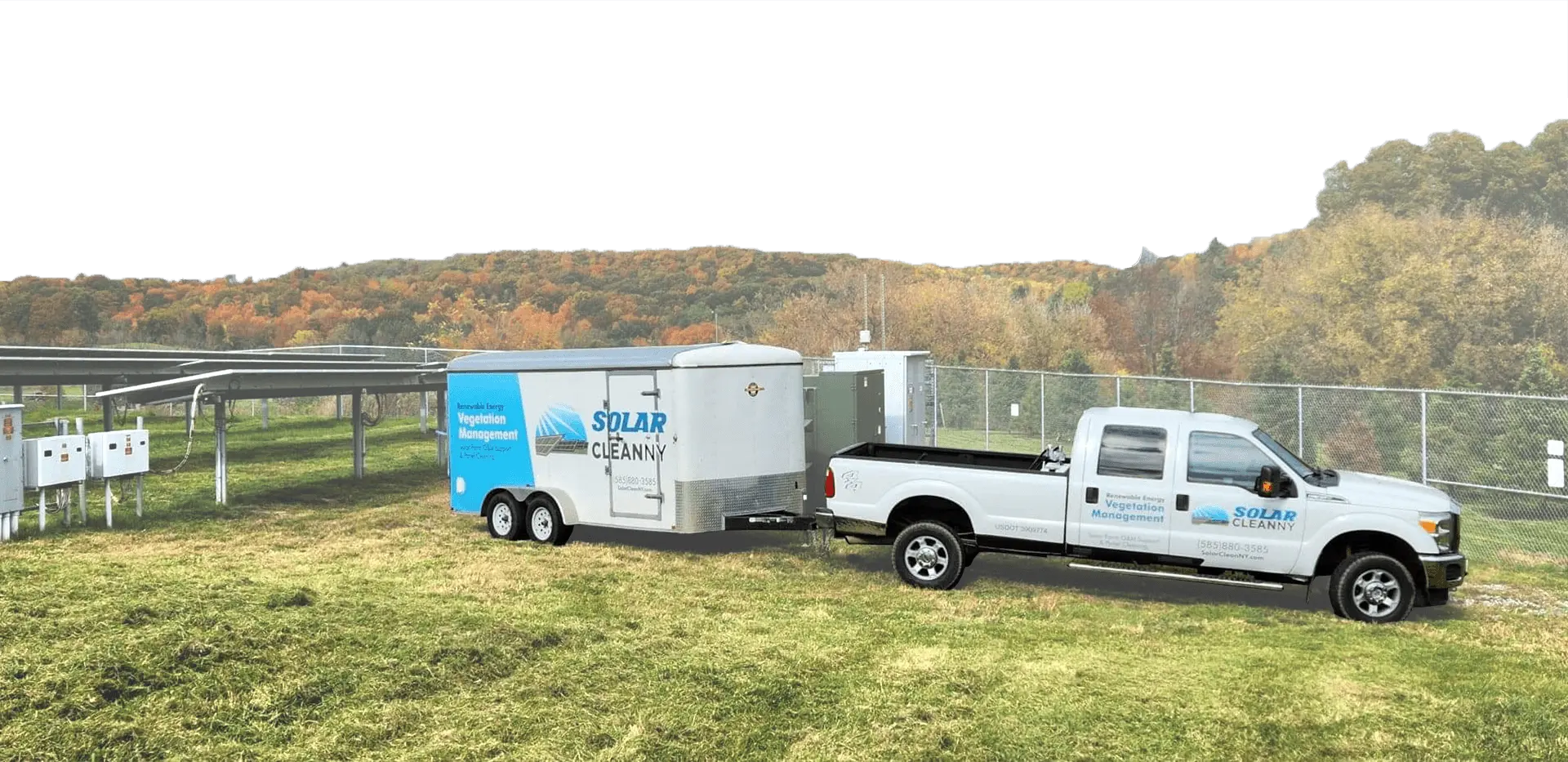 Photo of Solar Clean NY truck and trailer in a field